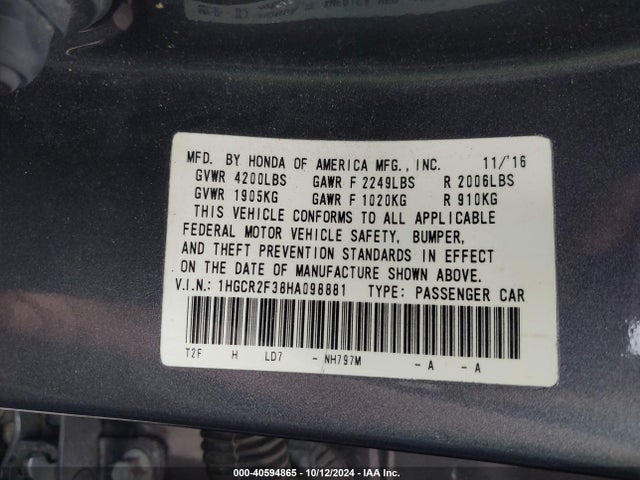 Honda ACCORD LX 2017 1HGCR2F38HA098881 Image 9