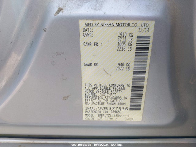 Nissan Altima 2.5 Sl 2015 1N4AL3AP2FN377536 Image 9