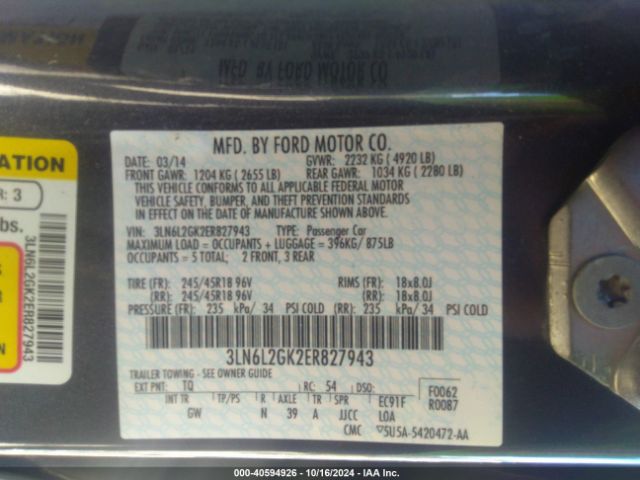 3LN6L2GK2ER827943 Lincoln MKZ