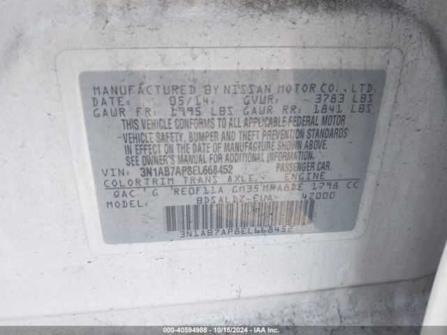 3N1AB7AP8EL668452 Nissan Sentra Fe+ S/fe+ Sv/s/sl/sr/sv