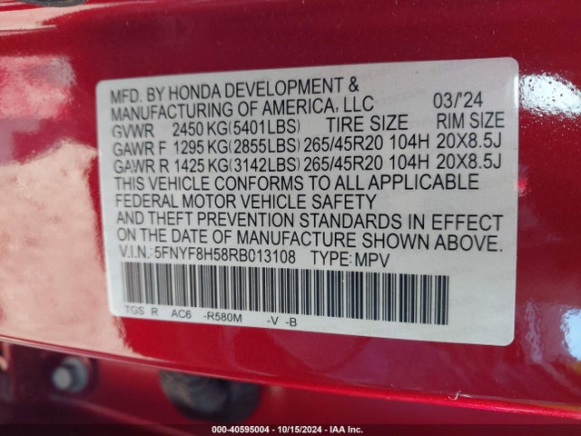 Honda Passport Awd Ex-l 2024 5FNYF8H58RB013108 Image 9