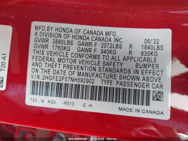 2HGFE2F57NH592902 Honda Civic Sport