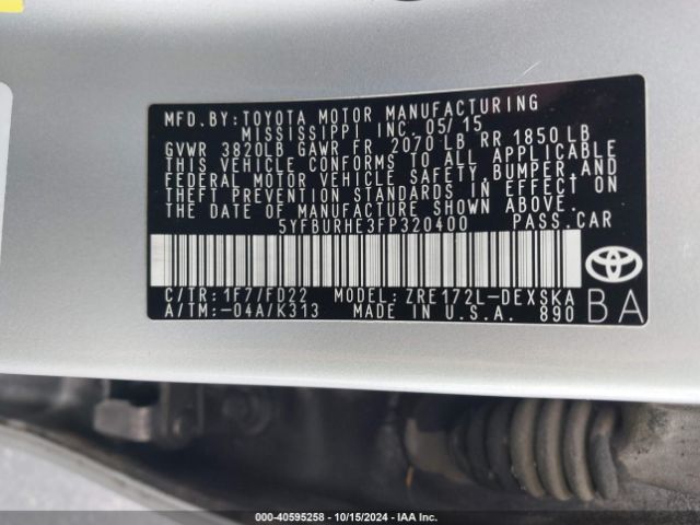 5YFBURHE3FP320400 Toyota Corolla L/le/le Pls/prm/s/s Pls
