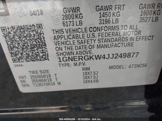 1GNERGKW4JJ249877 Chevrolet Traverse 1lt