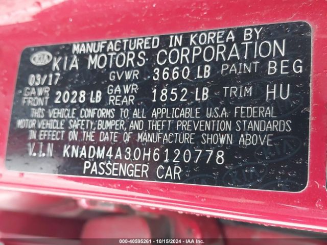 KNADM4A30H6120778 KIA RIO LX