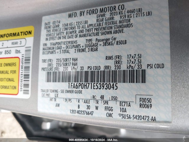 Ford FUSION SE 2014 1FA6P0H71E5393045 Image 9