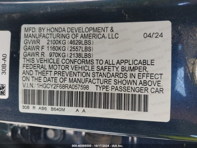 1HGCY2F68RA057598 Honda Accord