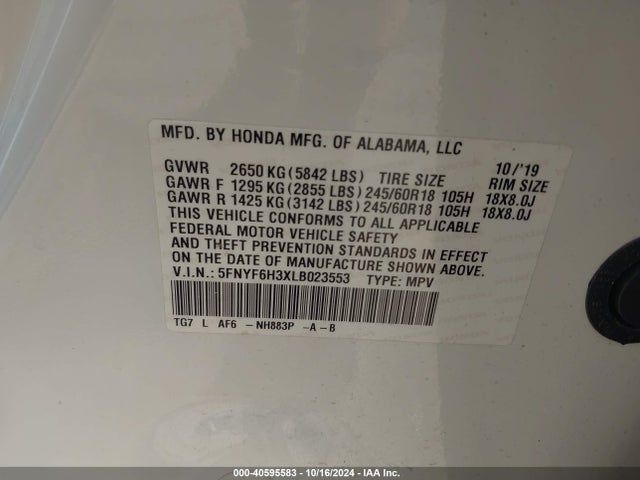 Honda Pilot Awd Ex 2020 5FNYF6H3XLB023553 Image 9