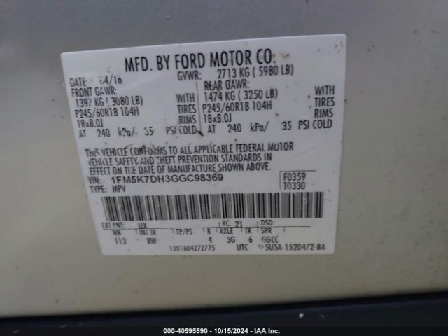 2016 FORD EXPLORER 1FM5K7DH3GGC98369 Photo 8