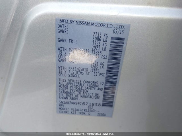 Nissan Pathfinder Sl 2015 5N1AR2MN9FC671858 Image 9