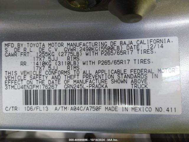 3TMLU4EN3FM176267 Toyota Tacoma Base V6