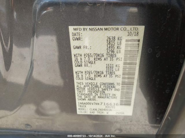 1N6AD0EV7KN716636 Nissan Frontier Sv
