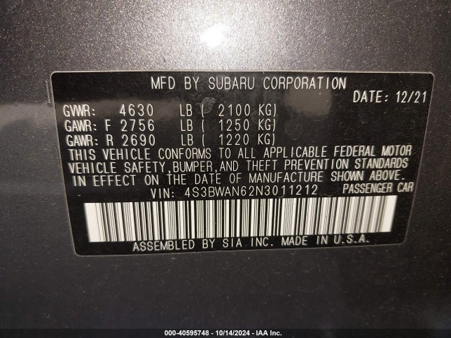 4S3BWAN62N3011212 Subaru Legacy Limited