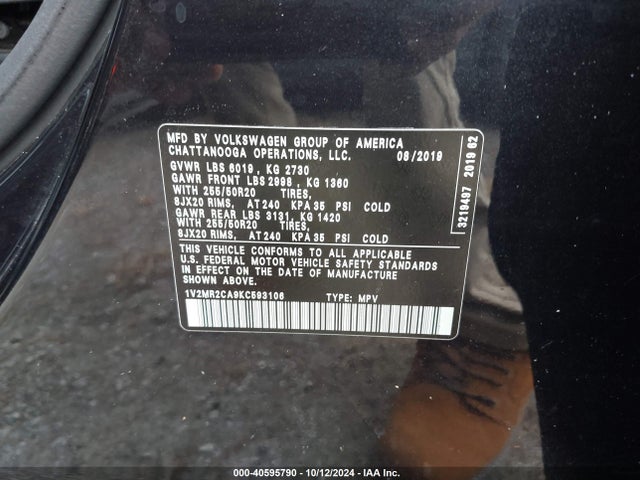 1V2MR2CA9KC593106 Volkswagen Atlas 3.6l V6 Sel
