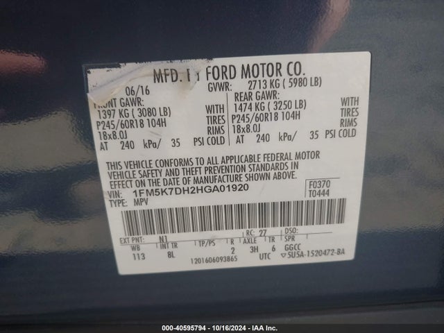 Ford EXPLORER XLT 2017 1FM5K7DH2HGA01920 Image 9