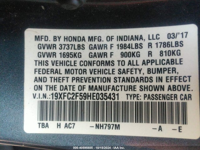 Honda Civic Lx 2017 19XFC2F59HE035431 Image 9