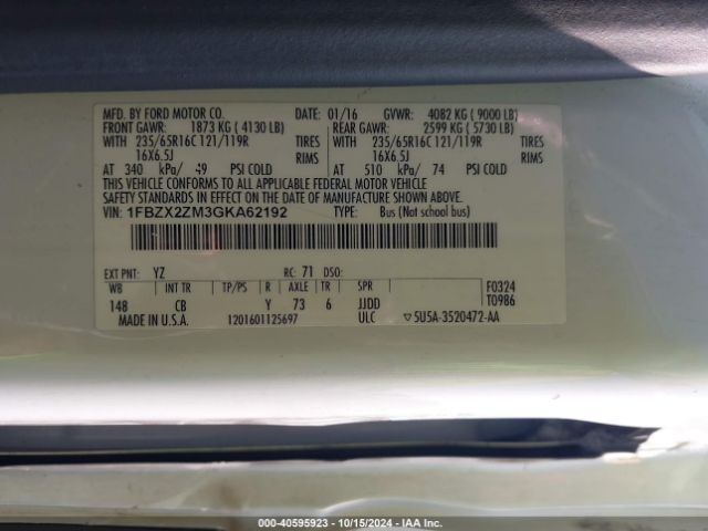 1FBZX2ZM3GKA62192 Ford Transit-350 Xlt