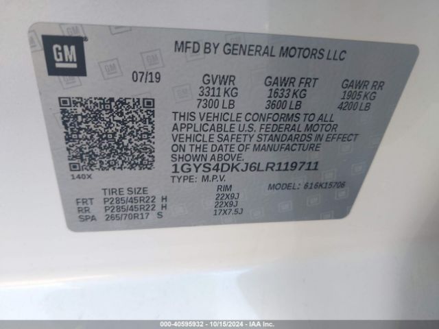 1GYS4DKJ6LR119711 Cadillac Escalade 4wd Platinum