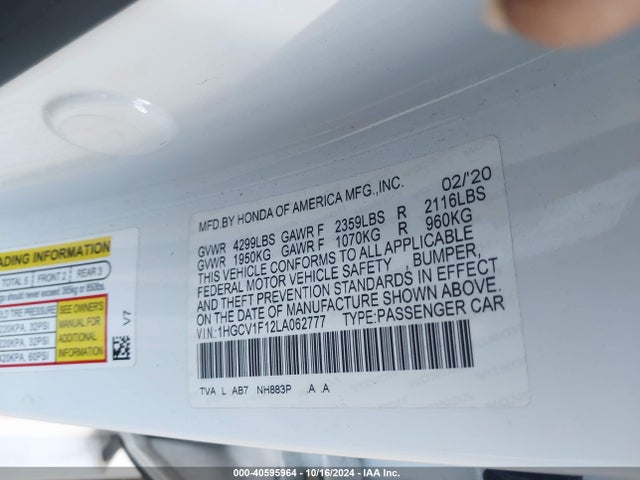 Honda ACCORD LX 2020 1HGCV1F12LA062777 Image 9