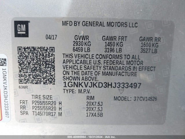Chevrolet Traverse Premier 2017 1GNKVJKD3HJ333497 Image 9