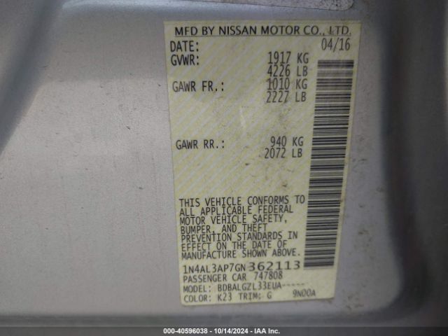 1N4AL3AP7GN362113 Nissan Altima 2.5/2.5 S/2.5 Sl/2.5 Sr/2.5 Sv