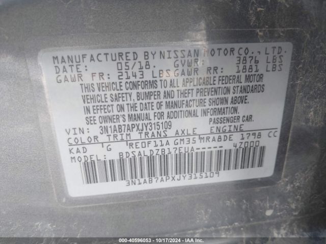 3N1AB7APXJY315109 Nissan SENTRA SV