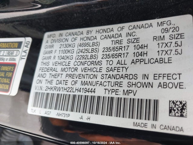 Honda Cr-v 2wd Lx 2020 2HKRW1H22LH419444 Image 9