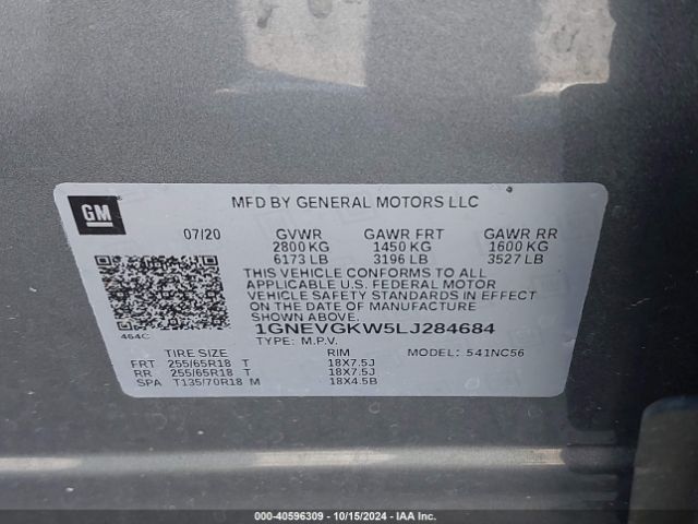 1GNEVGKW5LJ284684 Chevrolet Traverse Awd Lt Cloth