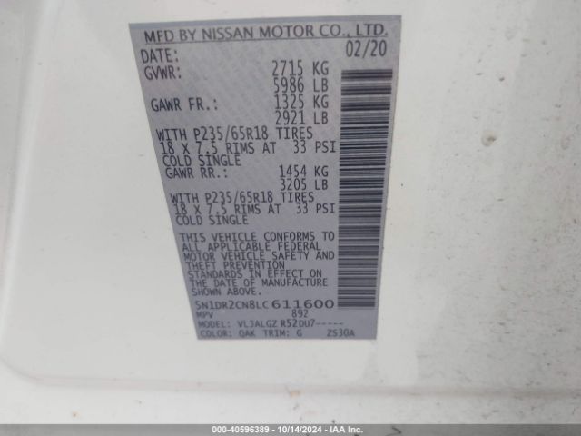 5N1DR2CN8LC611600 Nissan Pathfinder Sl 2wd