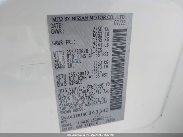 5N1DL1FR1NC343342 Infiniti QX60 LUXE
