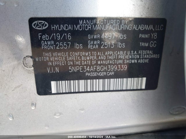 Hyundai Sonata Limited 2016 5NPE34AF8GH399339 Image 9