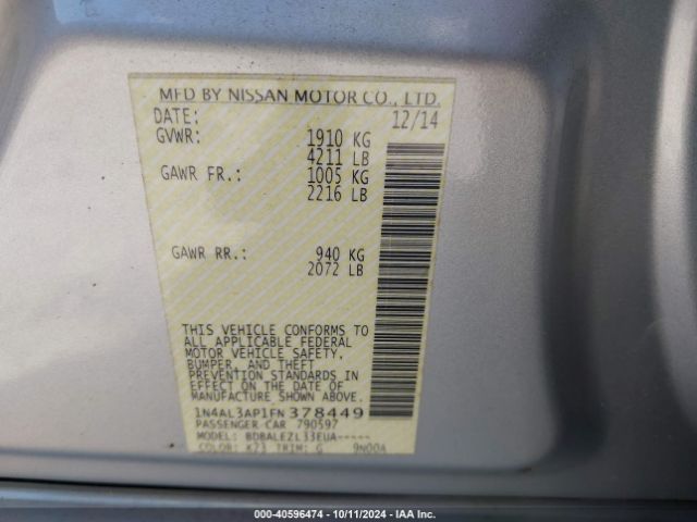 1N4AL3AP1FN378449 Nissan Altima 2.5/2.5 S/2.5 Sl/2.5 Sv