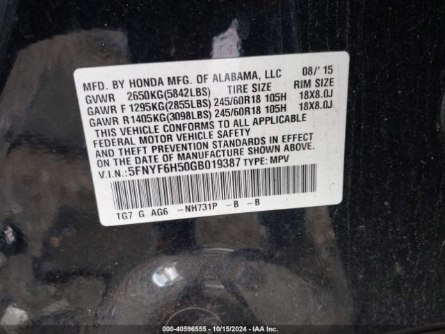 5FNYF6H50GB019387 Honda Pilot Ex-l
