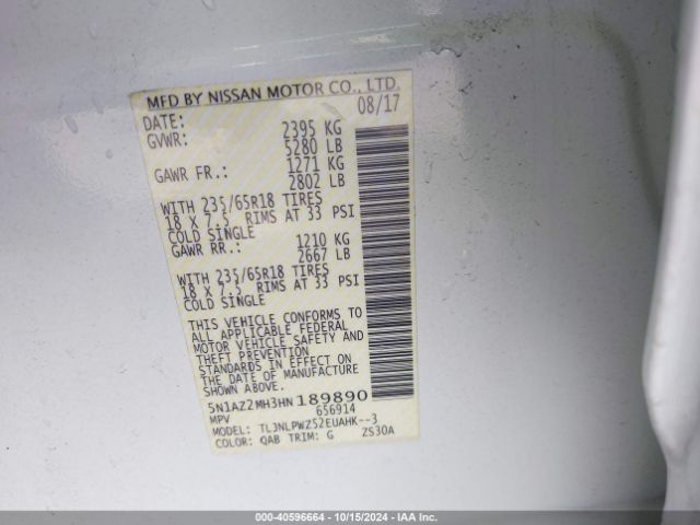 5N1AZ2MH3HN189890 Nissan MURANO S