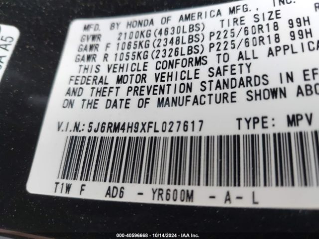 5J6RM4H9XFL027617 Honda Cr-v Touring
