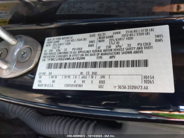 1FMCU9BZ4MUA18206 Ford Escape Se Hybrid