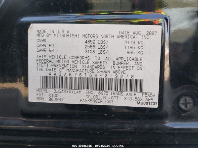 2008 MITSUBISHI GALANT 4A3AB76T68E019270 Photo 8