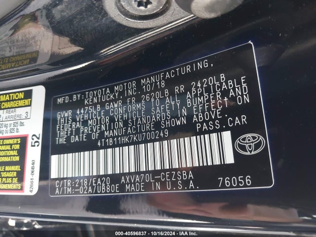 Toyota CAMRY SE 2019 4T1B11HK7KU700249 Image 9