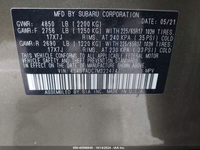 4S4BTADC7M3224747 Subaru Outback Premium