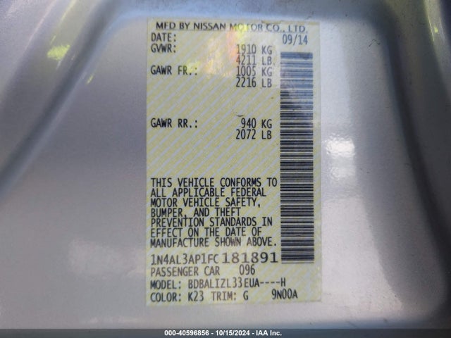 Nissan Altima 2.5 Sv 2015 1N4AL3AP1FC181891 Image 9