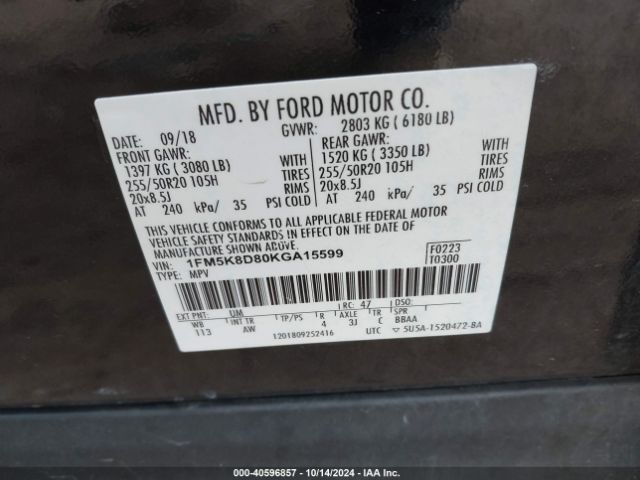 1FM5K8D80KGA15599 Ford EXPLORER XLT
