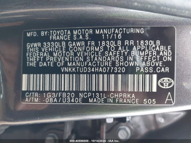 VNKKTUD34HA077320 Toyota YARIS LE