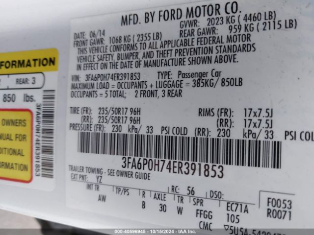 3FA6P0H74ER391853 Ford FUSION SE