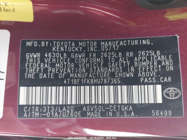 4T1BF1FK8HU787365 Toyota CAMRY XLE
