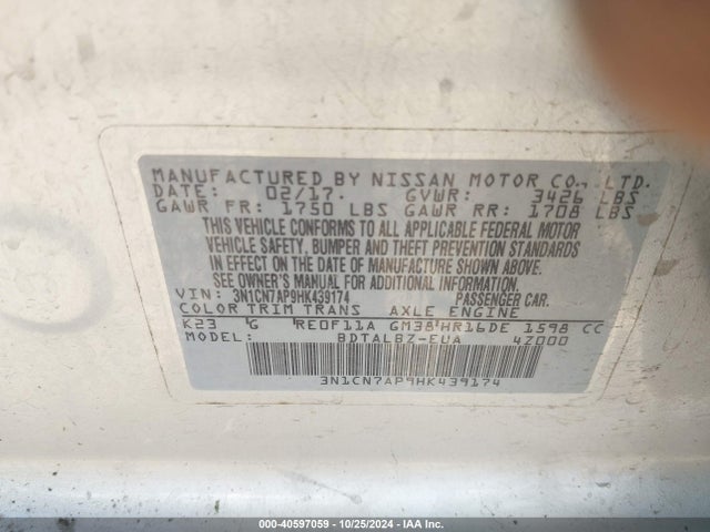 3N1CN7AP9HK439174 Nissan Versa 1.6 Sv
