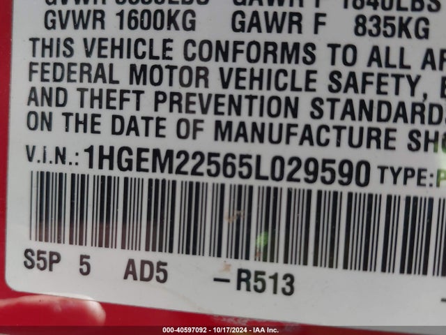 Продаж на аукціоні авто 2005 Honda Civic Lx, vin: 1HGEM22565L029590, номер лоту: 40597092