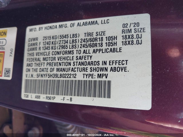 Honda Pilot 2wd Ex 2020 5FNYF5H39LB022212 Image 9