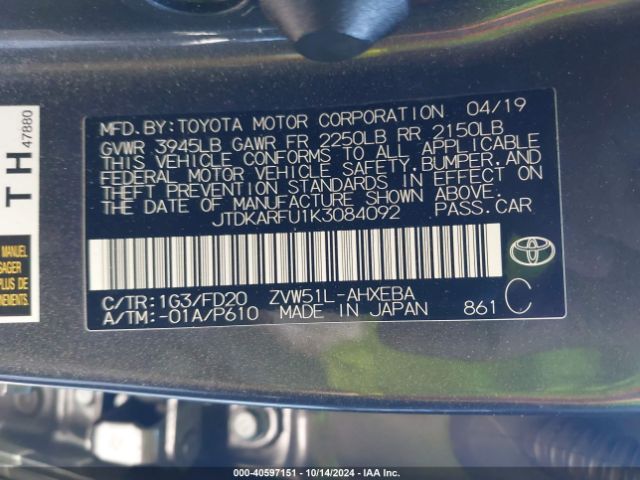 JTDKARFU1K3084092 Toyota Prius Le