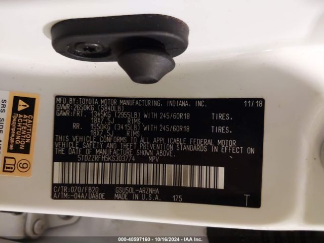 5TDZZRFH5KS303774 Toyota Highlander Le
