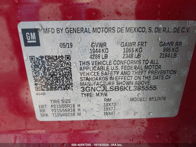 Chevrolet Trax Lt 2019 3GNCJLSB6KL385555 Image 9